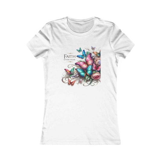 Women's t-shirt with butterflies and "Faith Conquers Fear" design, 100% cotton, empowerment and positivity theme.