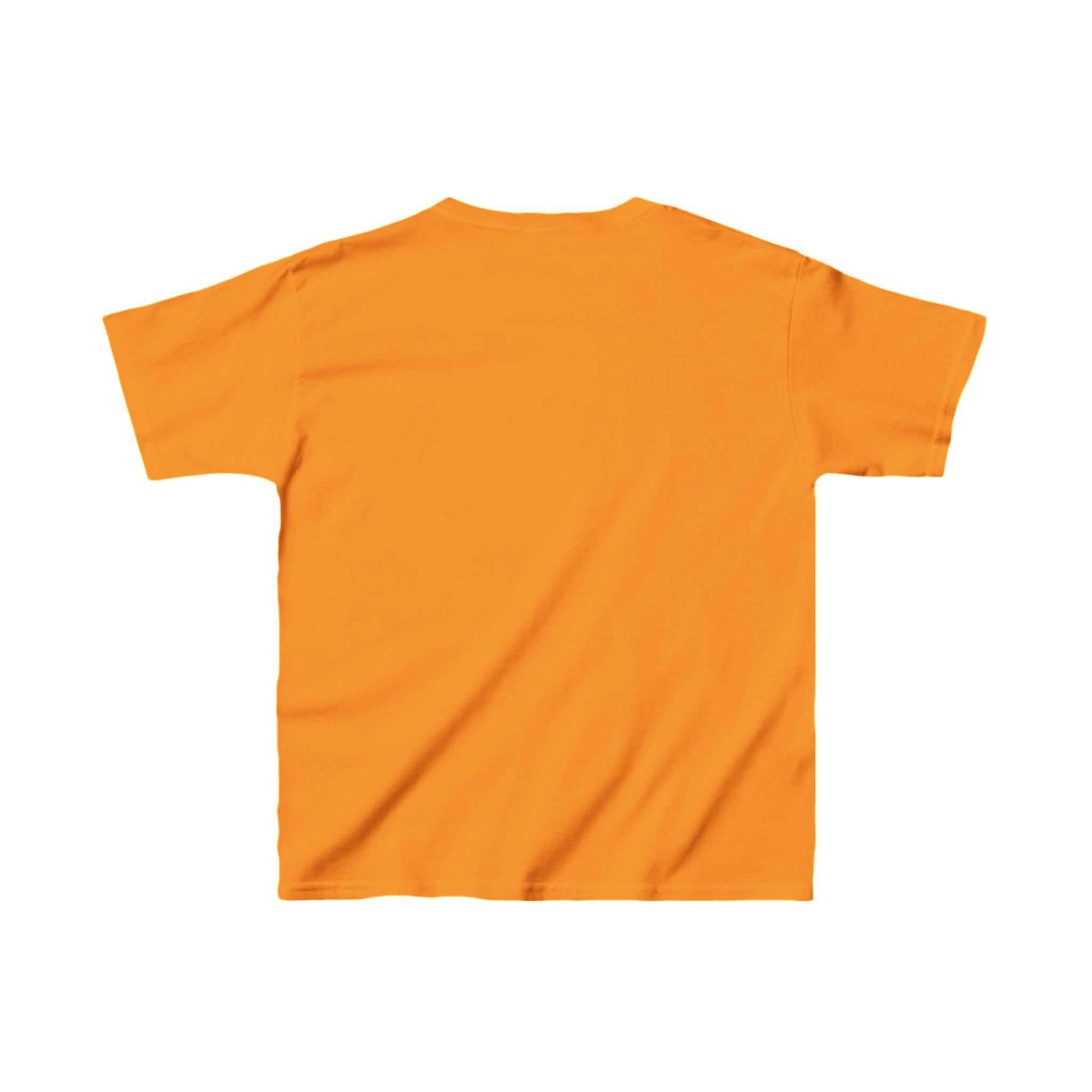 Child's t-shirt featuring a girl hugging a gorilla, soft orange heavy cotton. Ideal for animal-loving active kids.