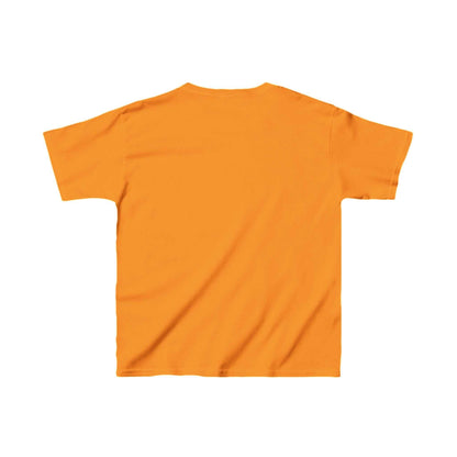 Child's t-shirt featuring a girl hugging a gorilla, soft orange heavy cotton. Ideal for animal-loving active kids.