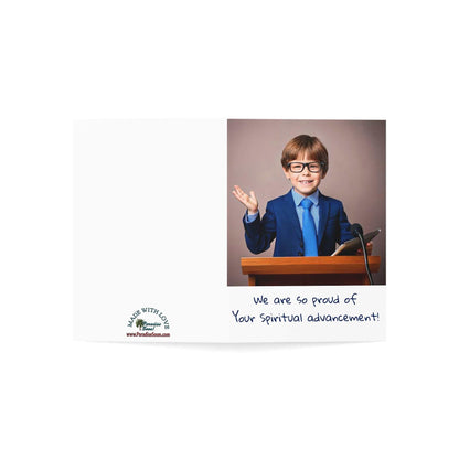 Greeting card featuring young boy at podium with message, "We are so proud of your spiritual advancement!"