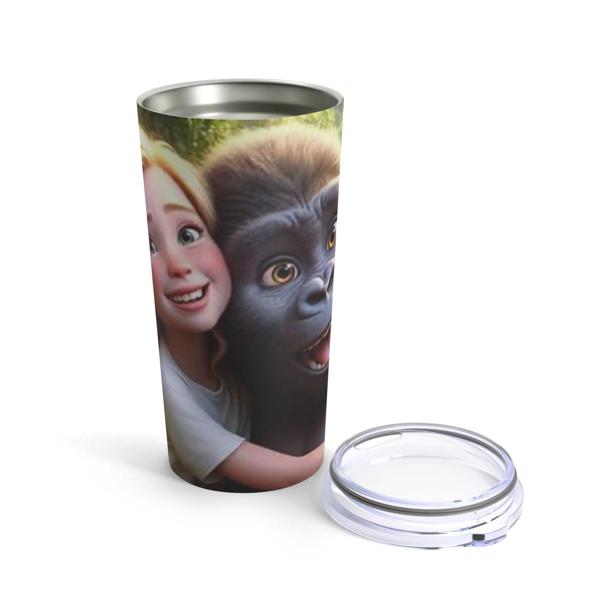 20oz stainless steel tumbler with image of a little girl hugging a gorilla; includes clear push-on lid.