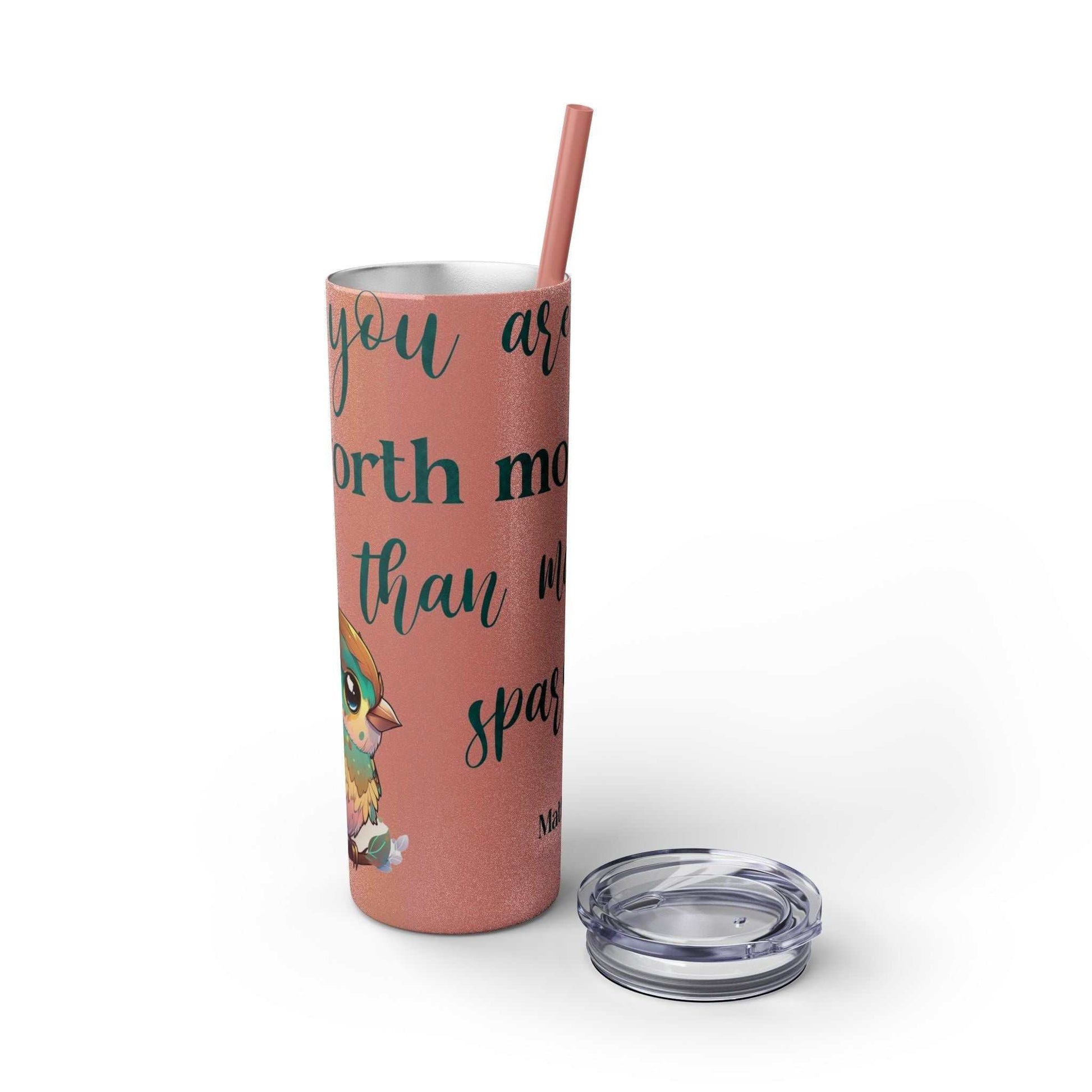 Stainless steel tumbler with "Worth More Than Sparrows" design, 20oz capacity, includes lid and straw.