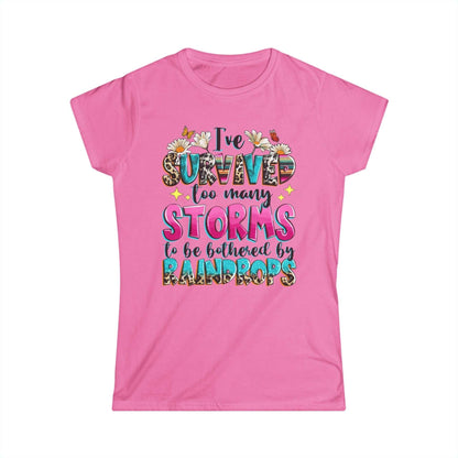 Women's pink t-shirt with playful graphic text design, comfortable and durable for casual wear.