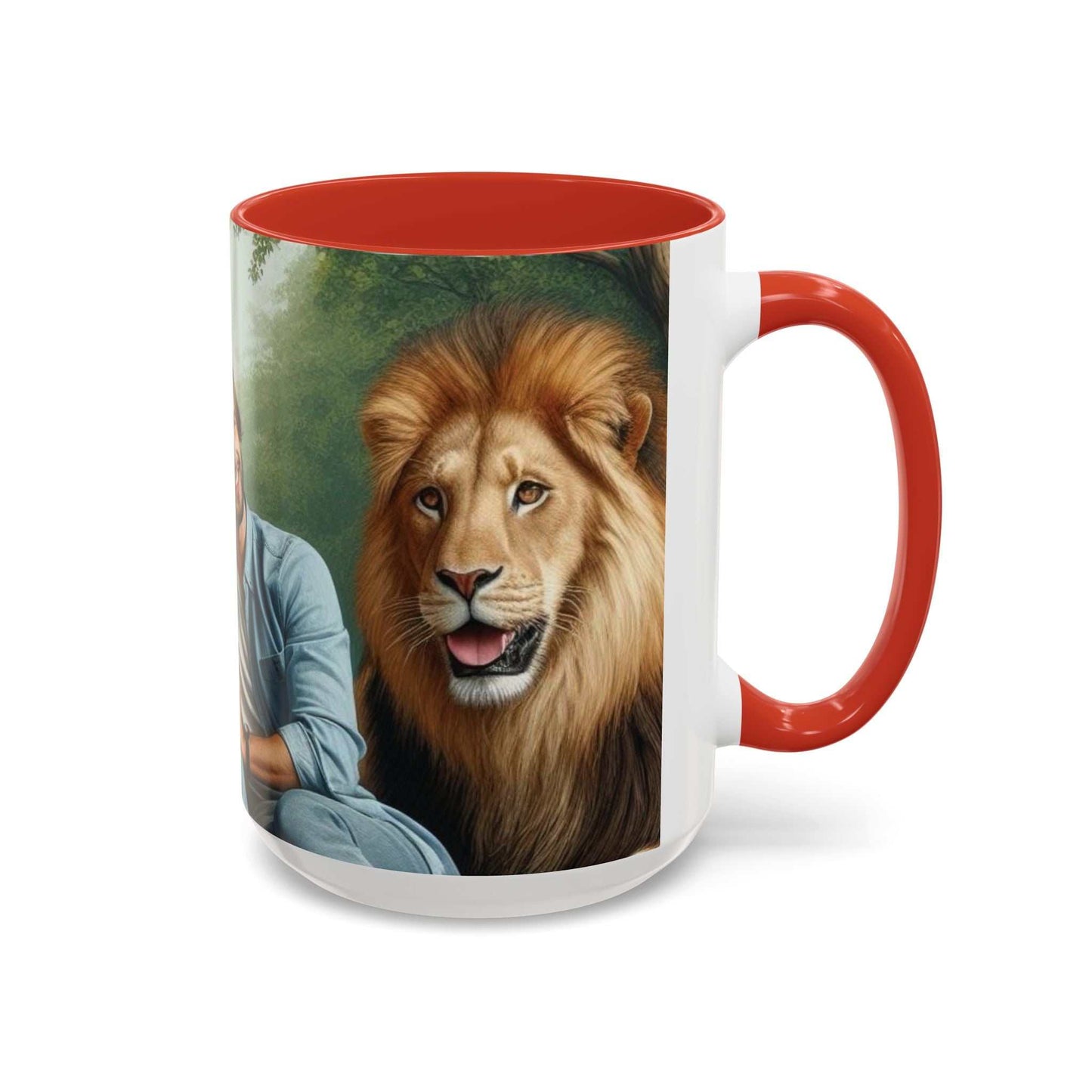 Ceramic coffee cup with tiger and lion couple design, glossy finish.