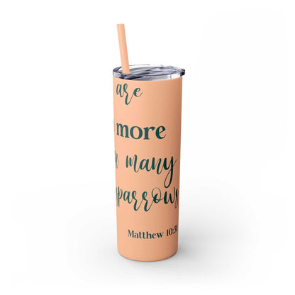 Stainless steel tumbler with "Worth More Than Sparrows" design, 20oz, double-wall, matte finish, plastic lid and straw.