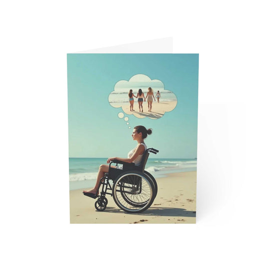 Greeting card featuring a person in a wheelchair on the beach, dreaming of walking with friends.