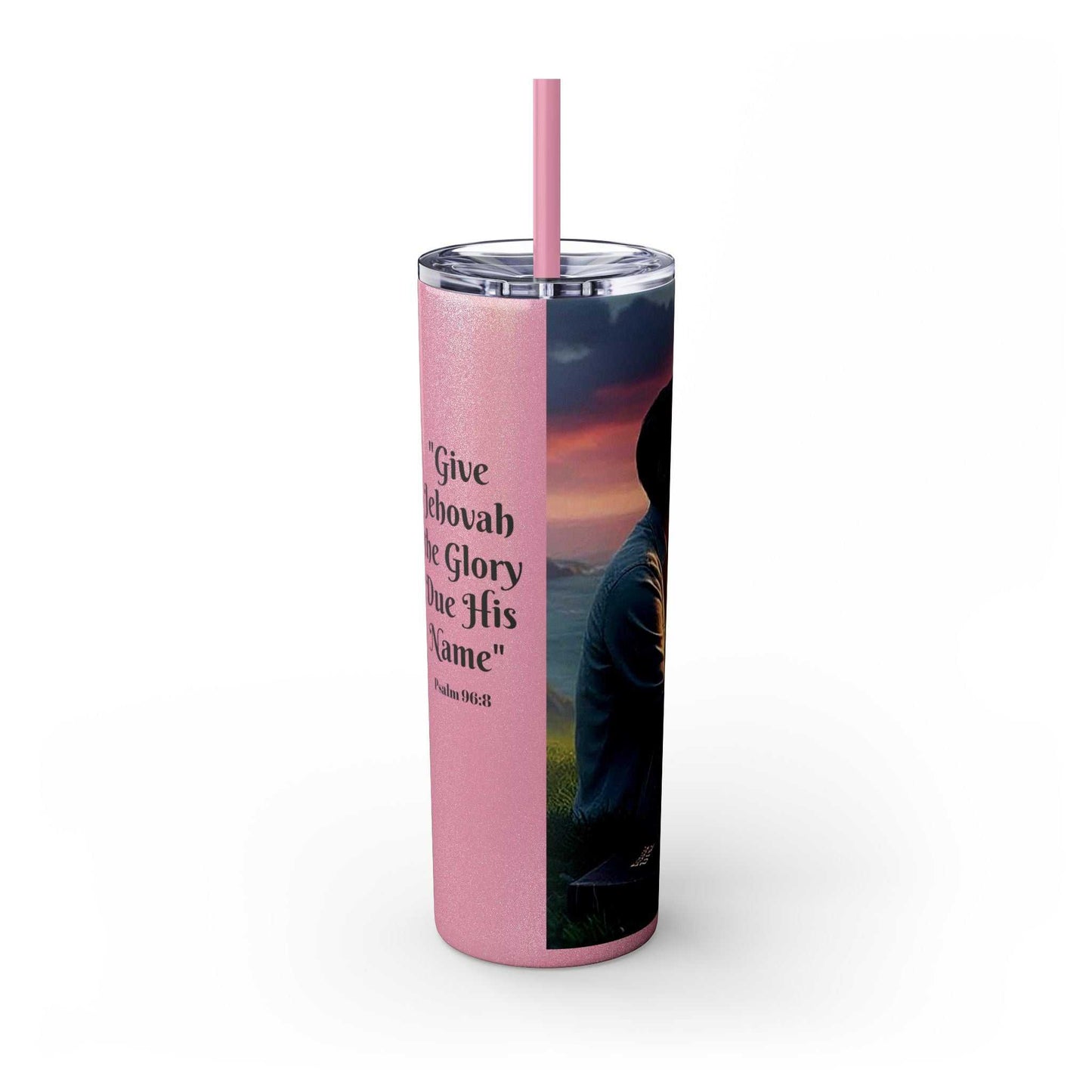 2025 Year Text Jehovah's Witnesses Tumbler, 20oz, hot/cold, pink with lid and straw.