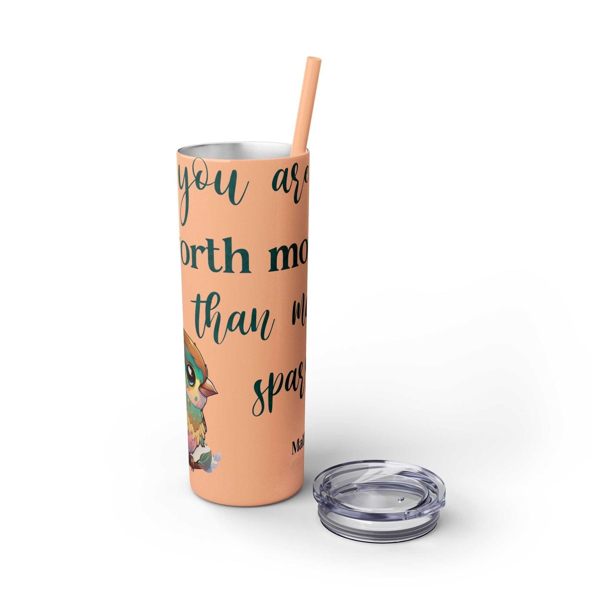 Stainless steel tumbler featuring "Worth More Than Sparrows" design with color-matching straw and lid.