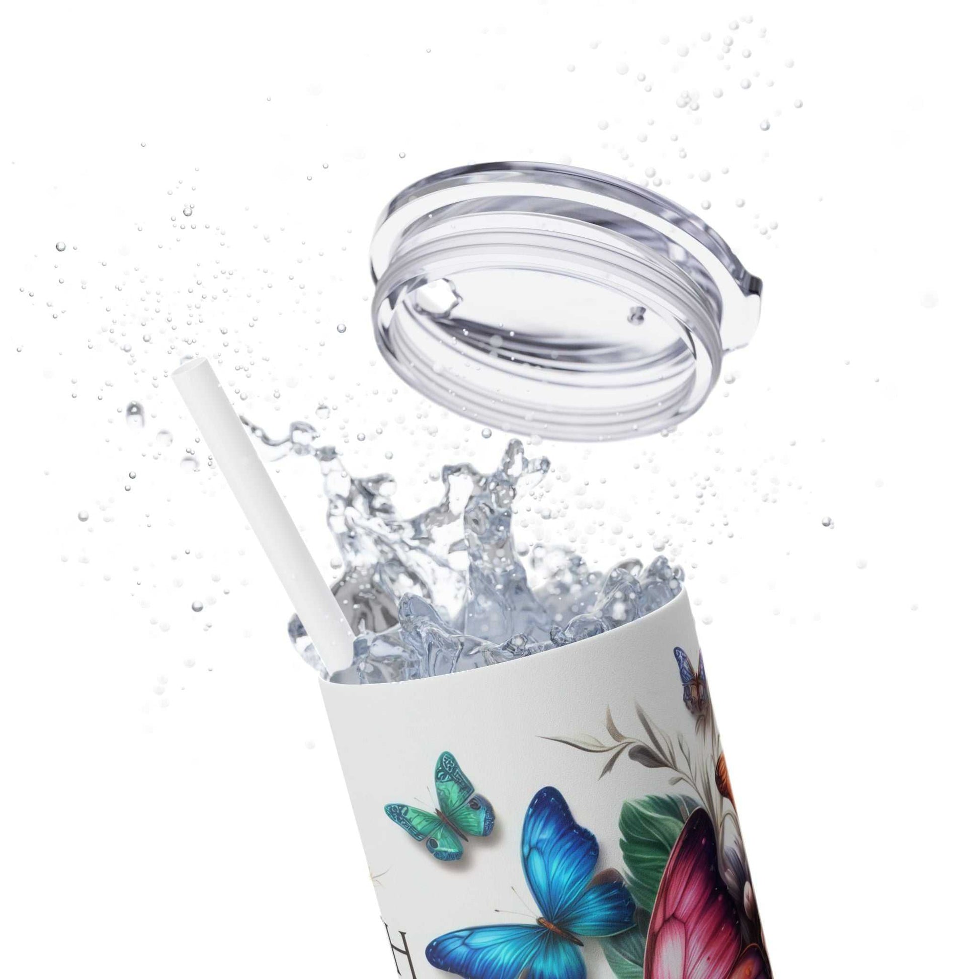 20oz butterfly tumbler with "Faith Conquers Fear" design, BPA-free, hot and cold drink insulation.