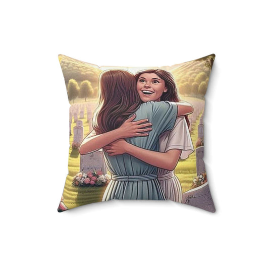 Biblical resurrection and happy couple displayed on a cozy 16x16 polyester pillow.