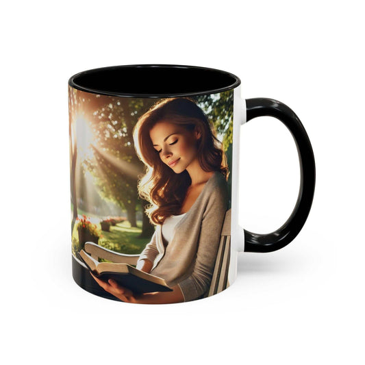 Coffee cup featuring a serene image of a person reading the Bible, Psalm 1:1-3, perfect for reflection and inspiration.