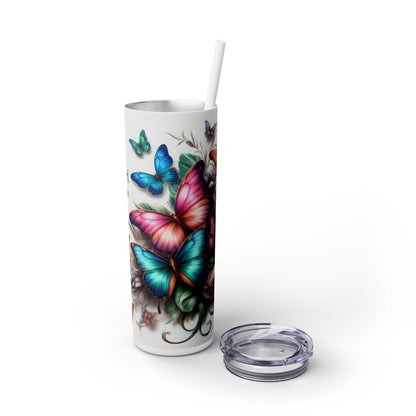 Butterflies and Faith Conquers Fear Tumbler with lid and straw, 20oz, BPA-free, stainless steel, colorful matte finish.