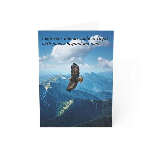 Greeting card with an eagle in flight over mountains, 5x7 inches with envelopes, available in 1 or 5 pieces.