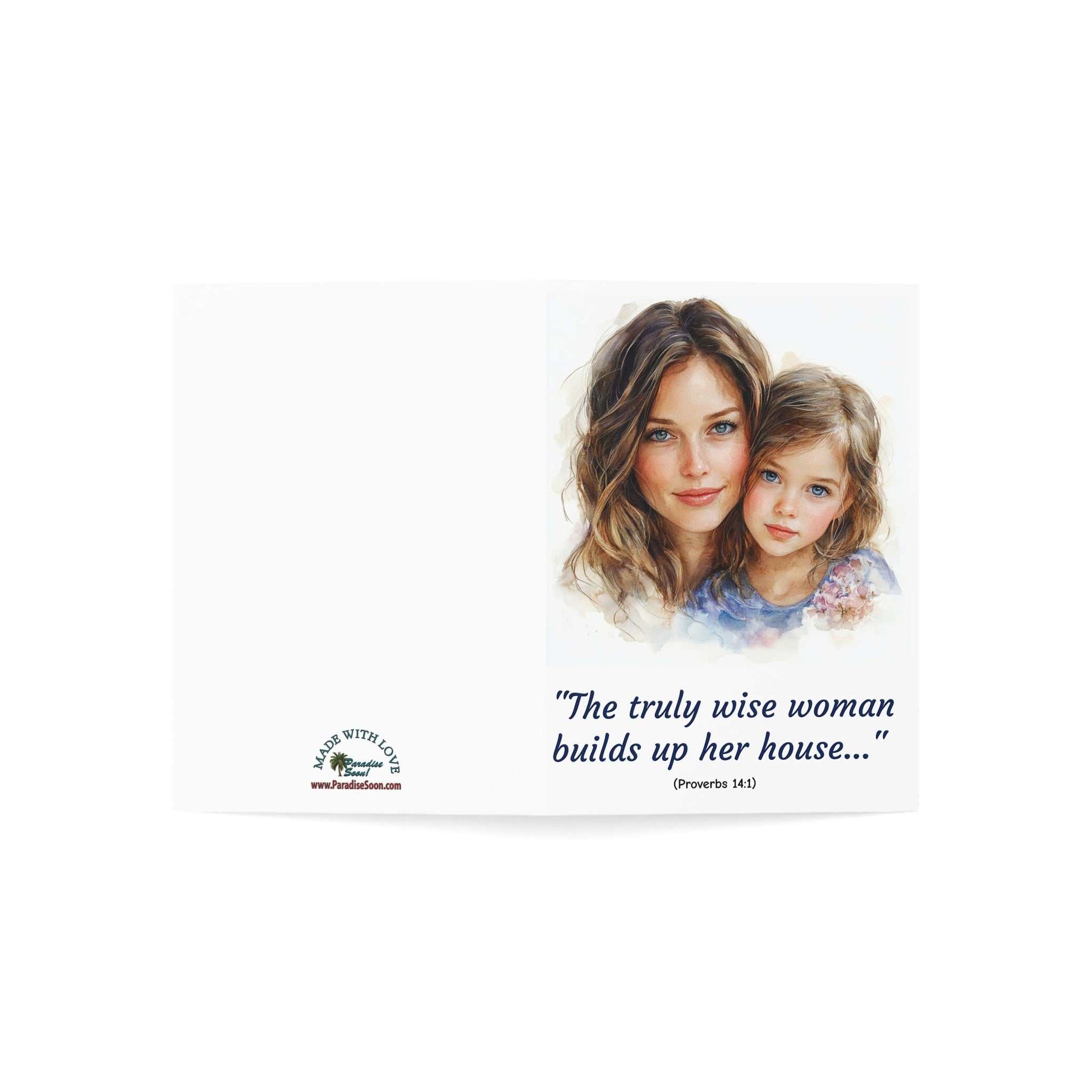 Greeting card featuring mother and daughter illustration with quote, 270gsm paper, envelopes included.