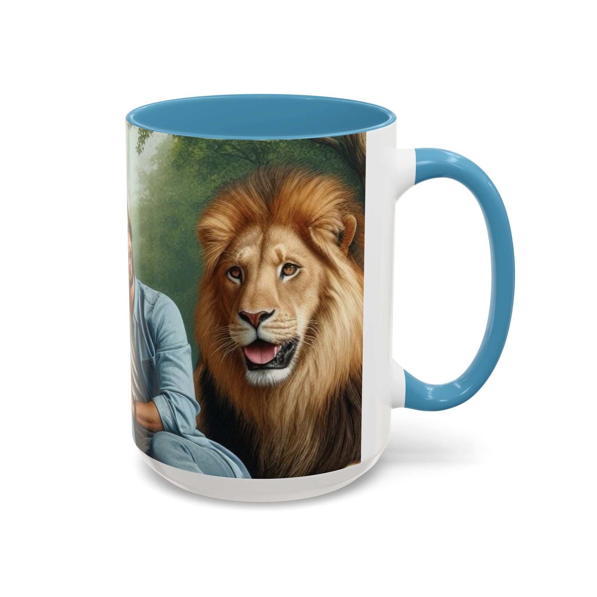 Ceramic coffee cup with a vibrant tiger and lion design, glossy finish.