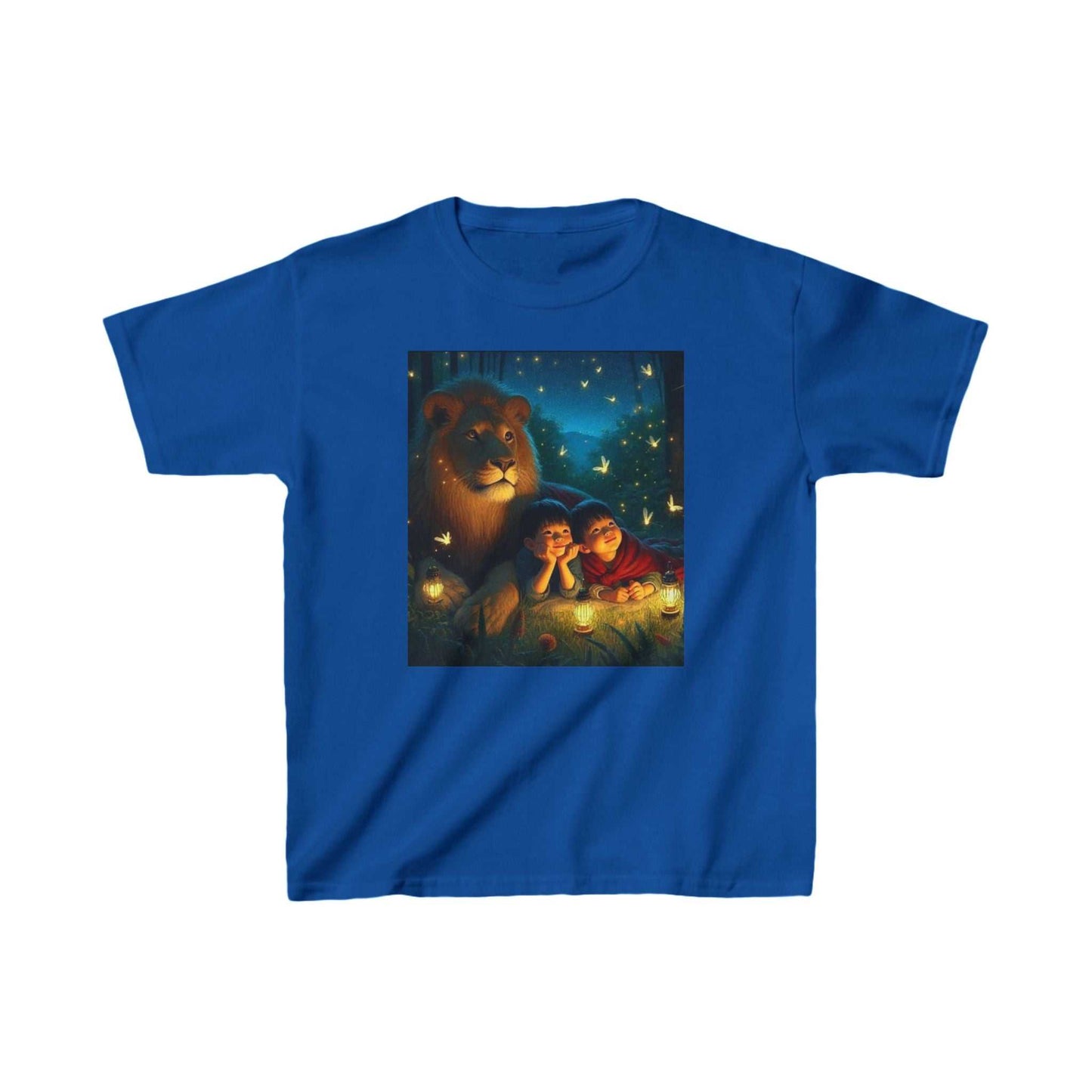 Kids Heavy Cotton Tee with "Peace With Animals at Night" design, featuring soft 100% cotton for solid colors, durable ribbed collar, and ethical materials.