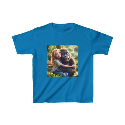 Children's blue t-shirt with a playful design of a girl hugging a gorilla, perfect for kids who love animals and outdoor adventures.