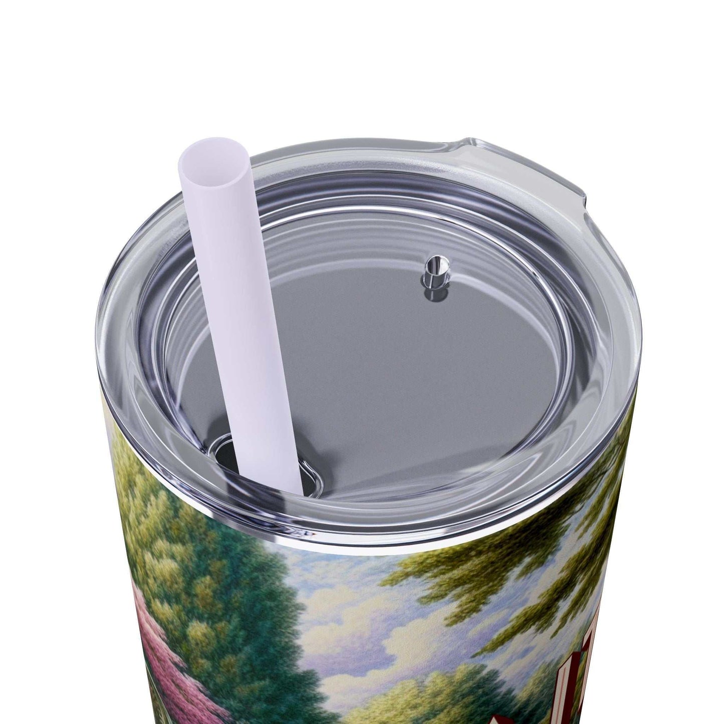 20 oz skinny tumbler with straw, featuring "Faith Over Fear" design, stainless steel, keeps drinks hot or cold, BPA-free.