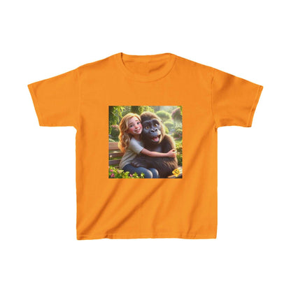 Child's orange t-shirt featuring a girl hugging a gorilla, playful and adventurous design ideal for animal-loving kids.