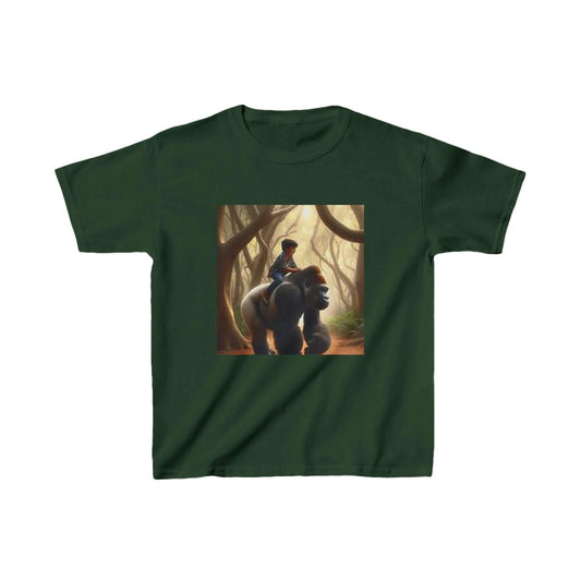 Children's T-shirt featuring a boy riding a gorilla in a forest setting, durable cotton fabric.