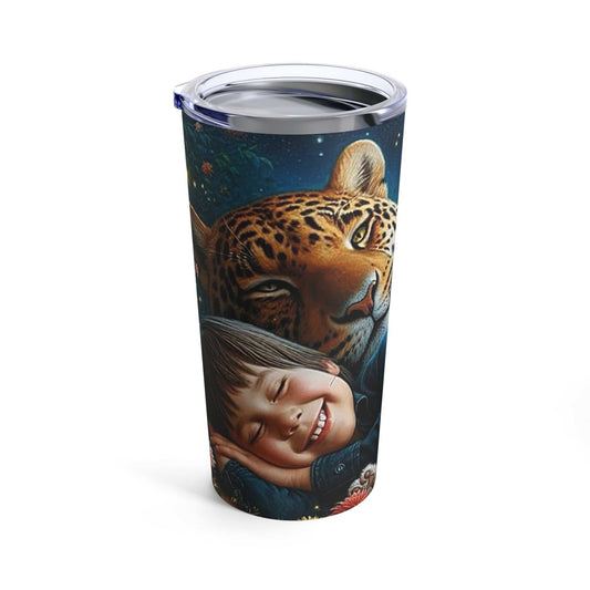 20oz stainless steel tumbler with child and leopard design, keeps beverages hot or cold, dishwasher-safe, vacuum insulated.