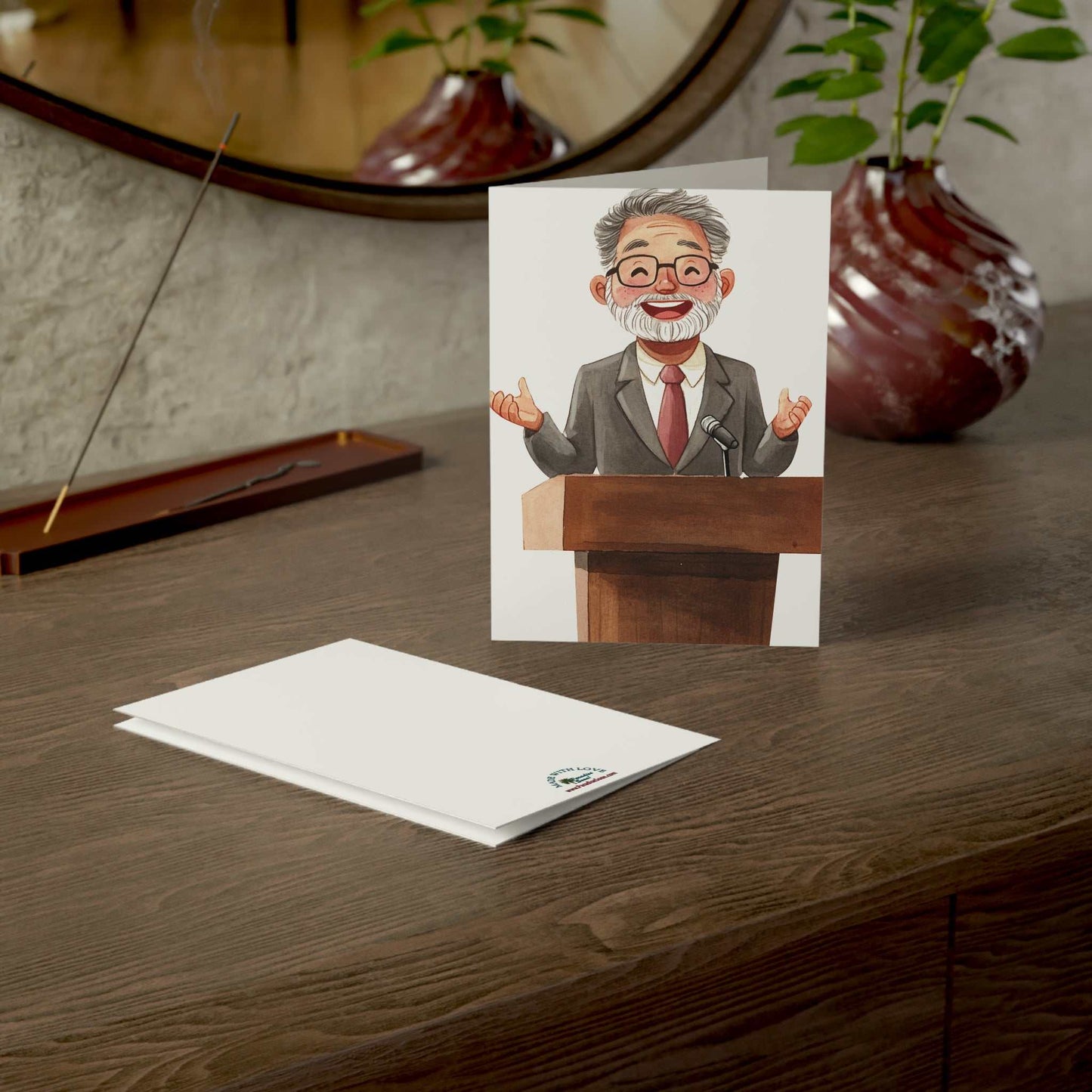 Greeting card with cheerful speaker illustration on podium, perfect for showing appreciation and encouragement.