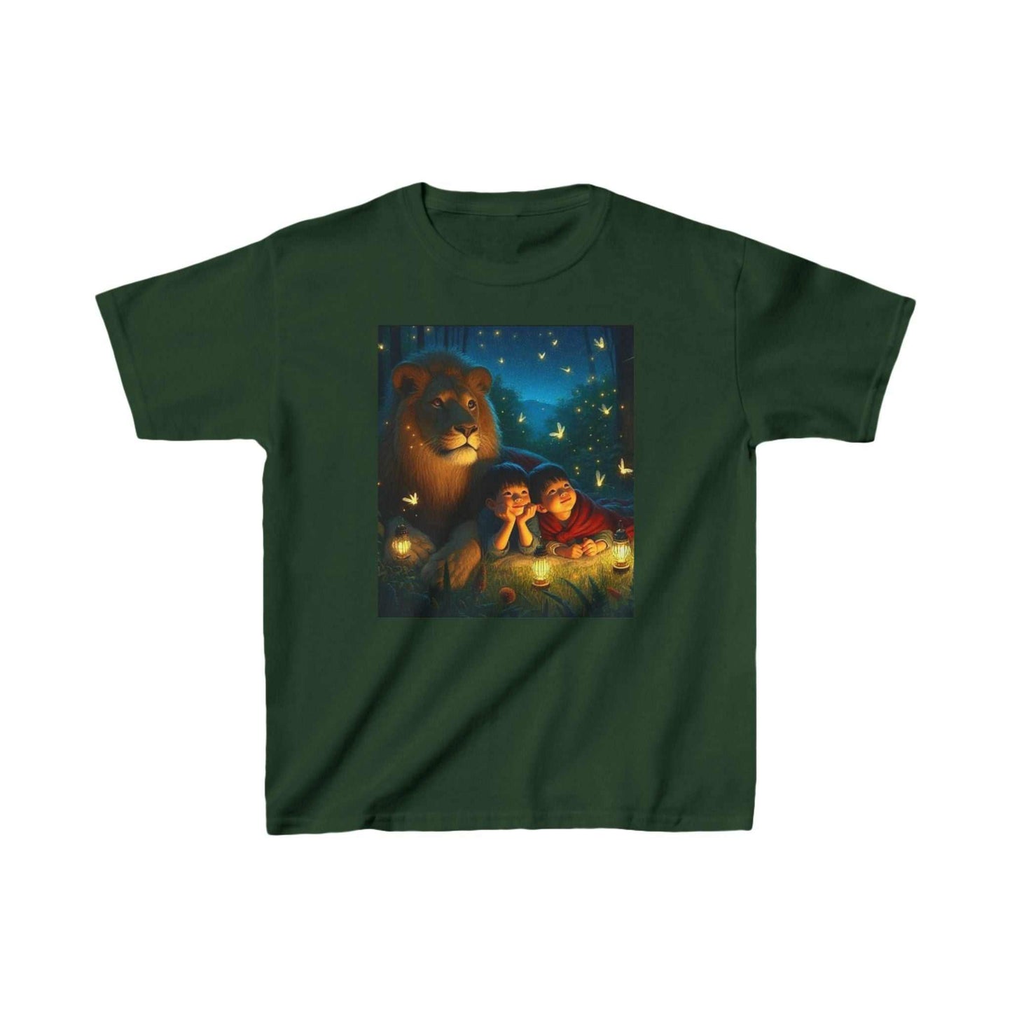 Kids heavy cotton tee featuring animals at night illustration, green, 100% cotton, durable and sustainable fabric.