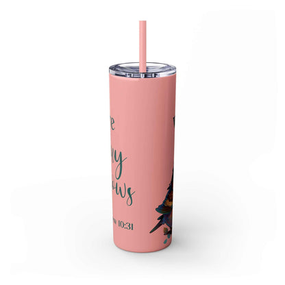 Stainless steel pink tumbler with inspirational quote, 20oz capacity, featuring a matching straw and secure lid.