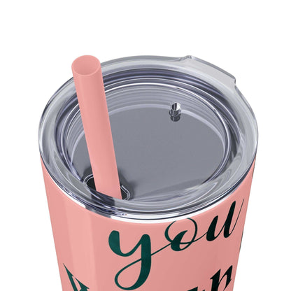 Stainless steel tumbler with "Worth More Than Sparrows" design, pink color, includes plastic lid and matching straw.