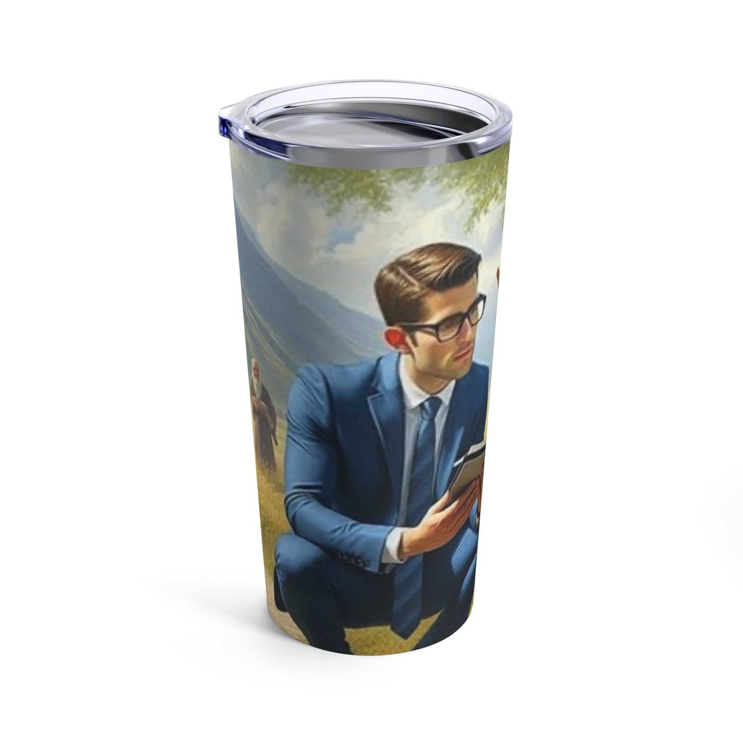 20oz tumbler with artwork of a man holding a book, stainless steel, vacuum insulated, dishwasher-safe, ideal for hot or cold beverages.