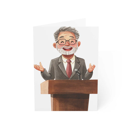 Greeting card featuring a smiling man at a podium, expressing appreciation for teaching efforts.