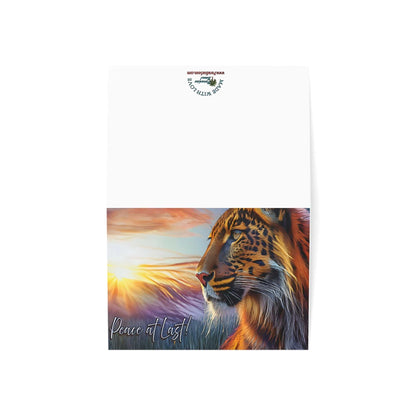 Tiger-themed greeting card with "Peace at Last" text, featuring premium 270gsm paper, ideal for personalized messages.