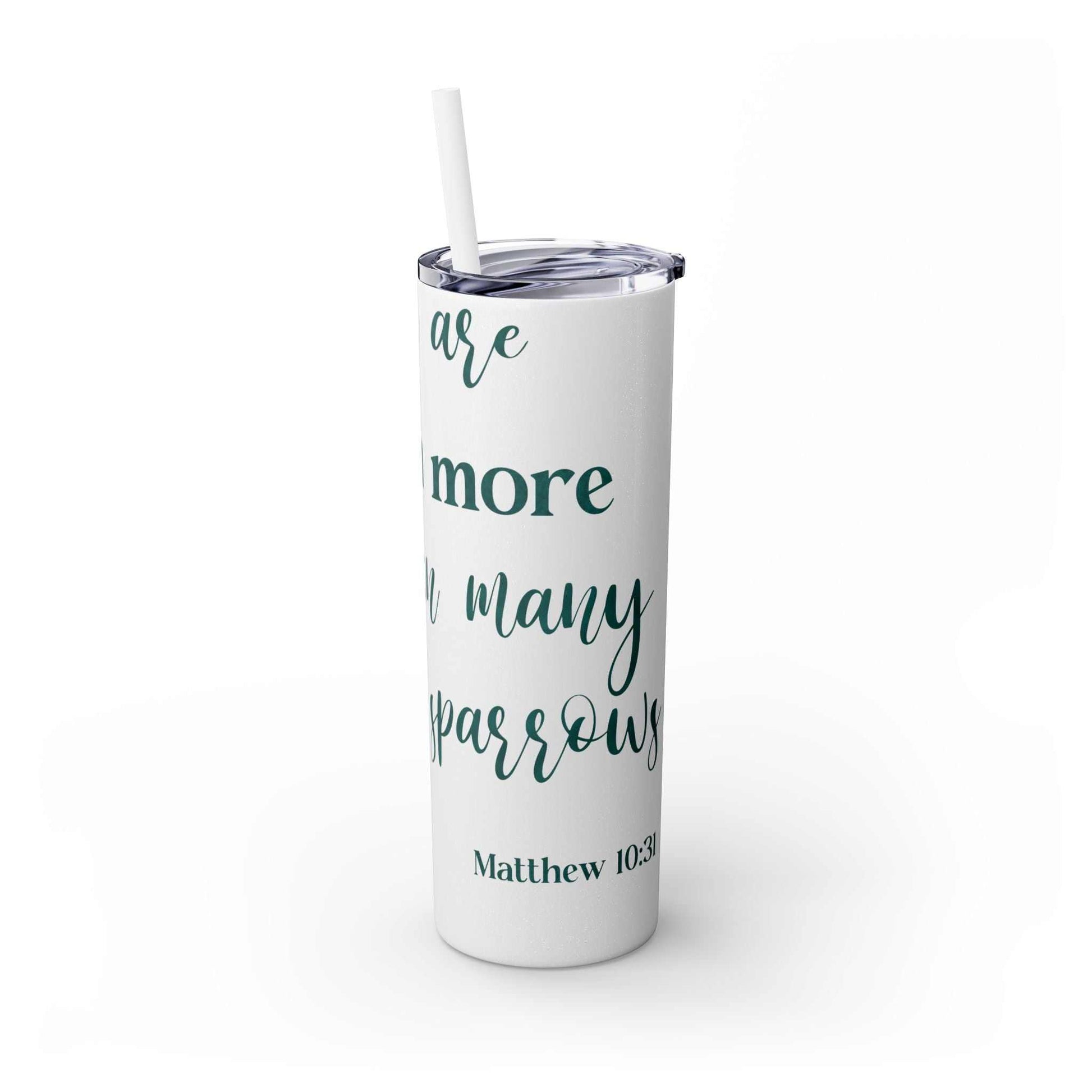 Stainless steel tumbler with inspirational message, featuring a slim, double-wall design and BPA-free materials.