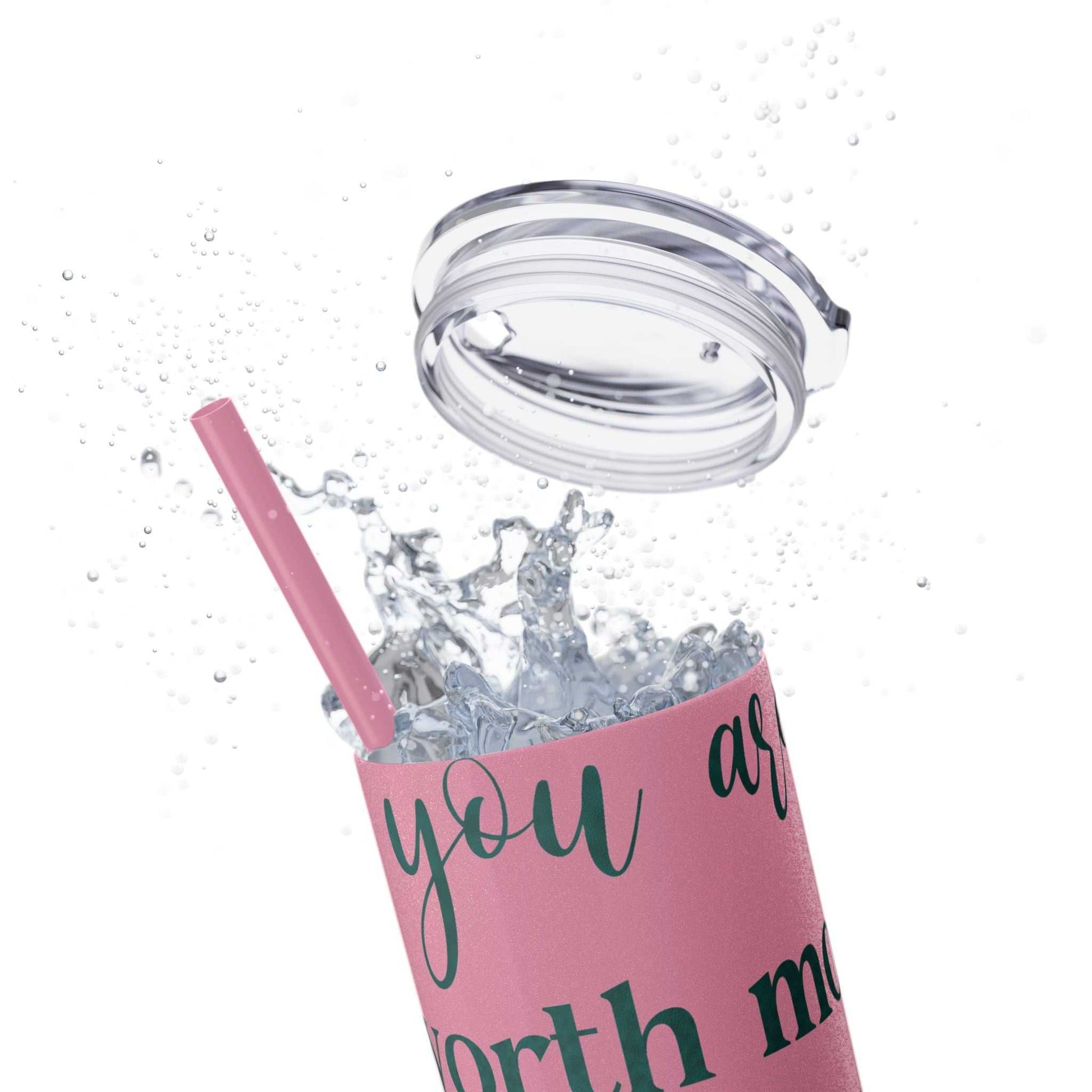 Stainless steel tumbler with positive message, pink design, featuring a lid and straw.