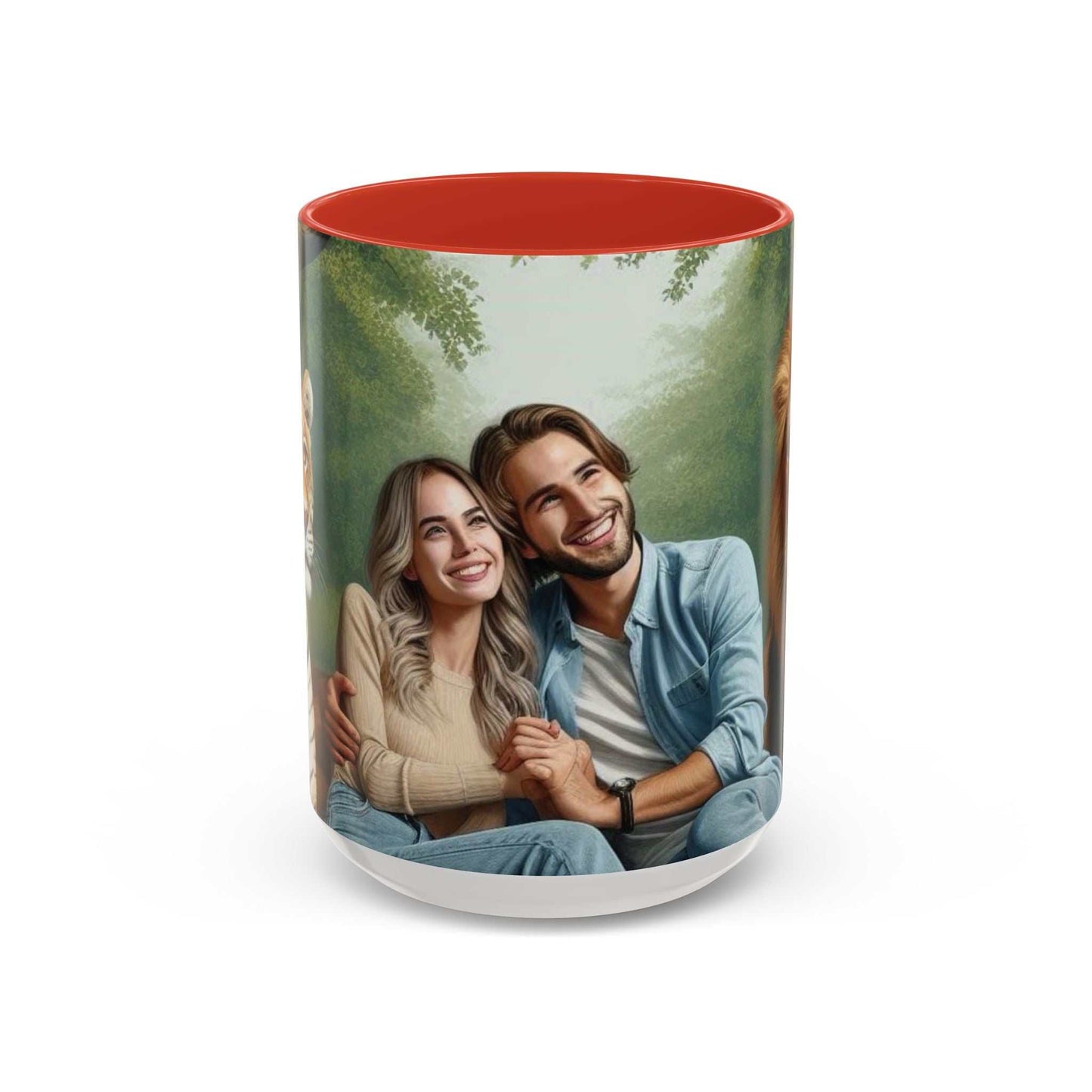 Ceramic coffee cup featuring a couple with a tiger and lion design, glossy finish.