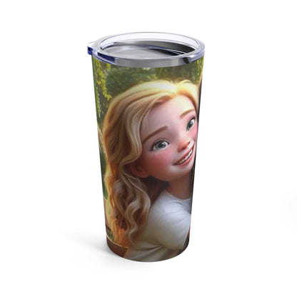 Stainless steel tumbler featuring a little girl hugging a gorilla, 20oz, dishwasher-safe.