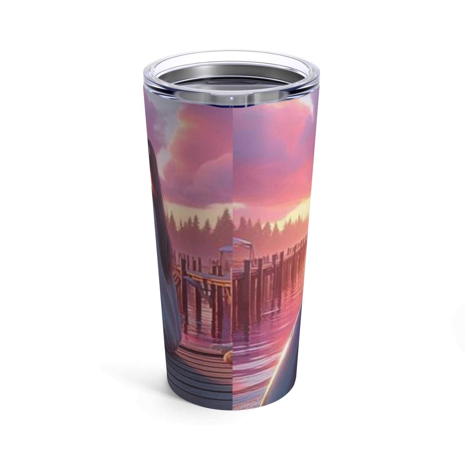 20oz tumbler featuring a girl with a dolphin at sunset scene.