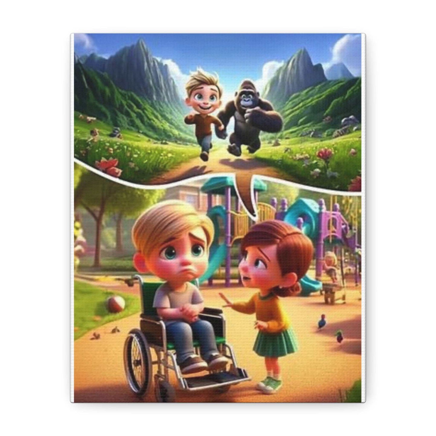 Colorful wall art canvas depicting hope and a future without disabilities, featuring children in a scenic landscape.