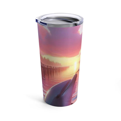 20oz tumbler with girl and dolphin sunset design, stainless steel, vacuum insulated, dishwasher safe.