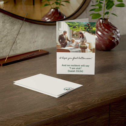 Greeting card with "No Sickness" message on a wooden table with envelopes.