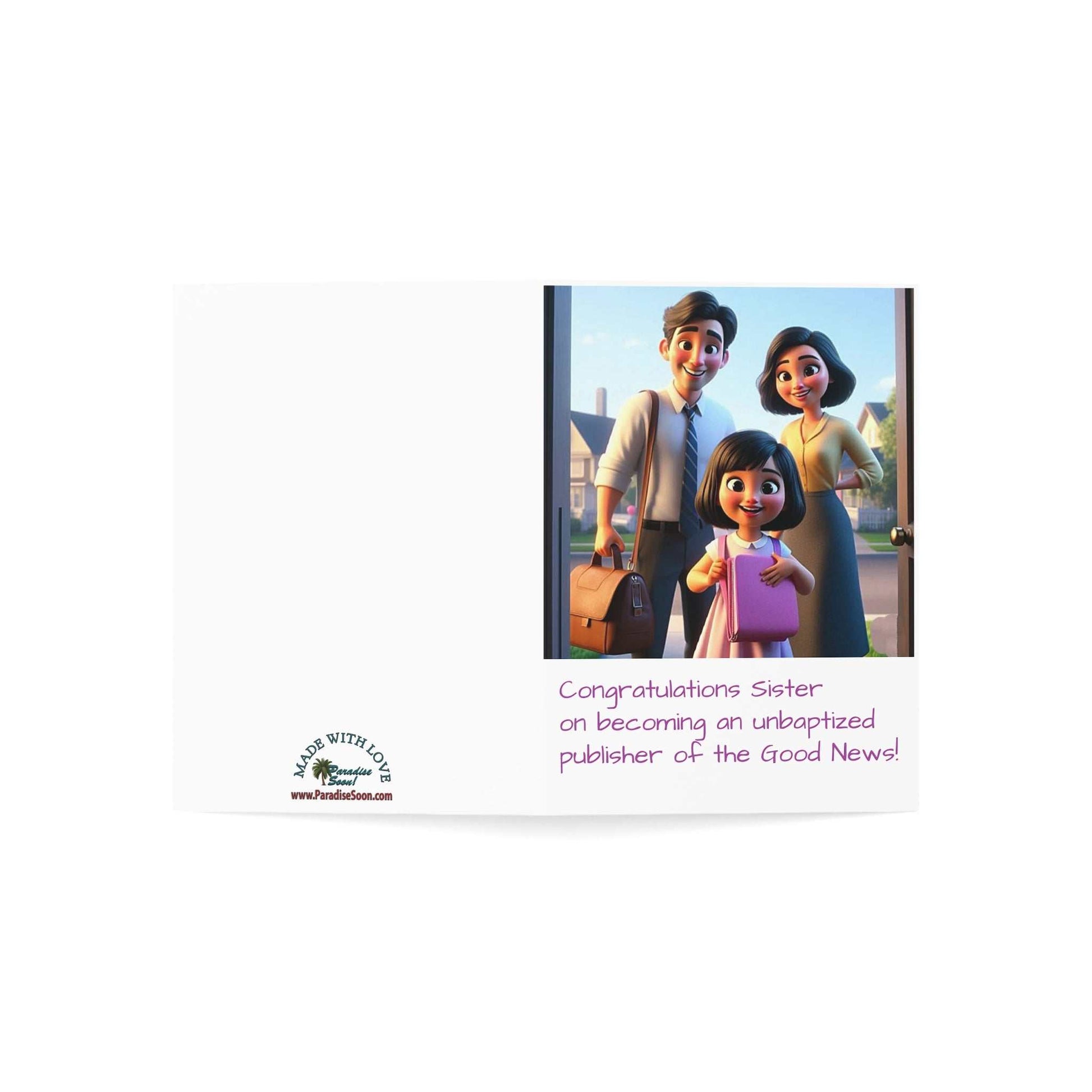 Greeting card for young sister becoming unbaptized preacher with smiling family illustration.