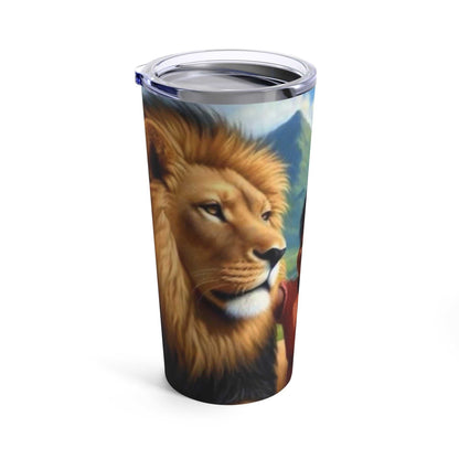 20oz insulated tumbler featuring a child with a lion and sheep, stainless steel with lid.