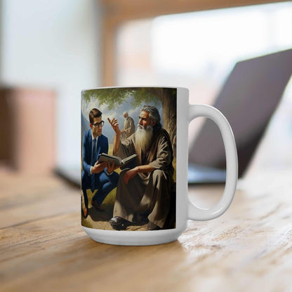 Ceramic coffee cup with vibrant colors featuring a family worship scene, durable and dishwasher safe.