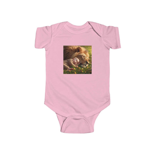 Pink cotton baby t-shirt bodysuit featuring sleeping baby and lion design, ribbed bindings, plastic snaps, tear-away label.