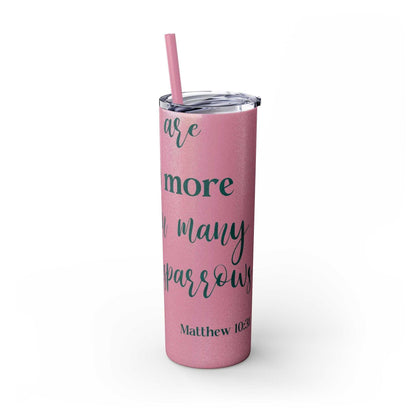 Stainless steel tumbler featuring "Worth More Than Sparrows" design, with a press-on lid and straw.