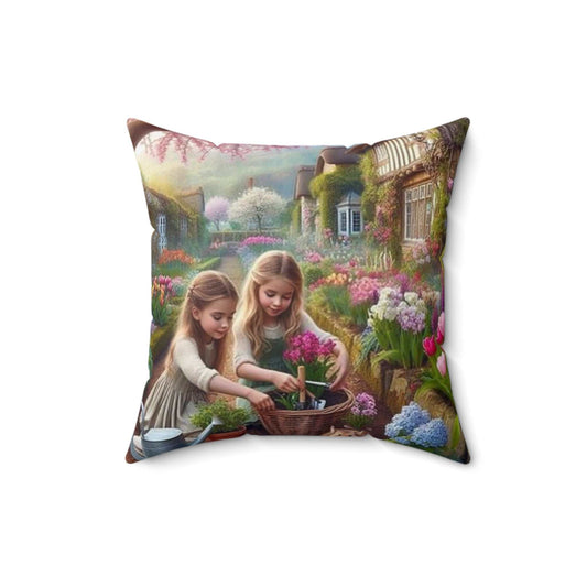 Decorative pillow with artwork of two little girls planting flowers in a garden setting.