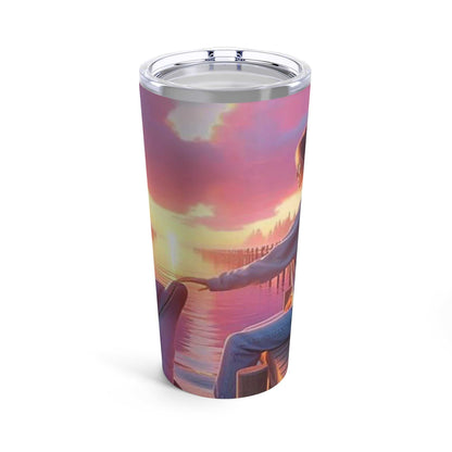 20oz tumbler with a girl and dolphin at sunset design, stainless steel, vacuum insulated.