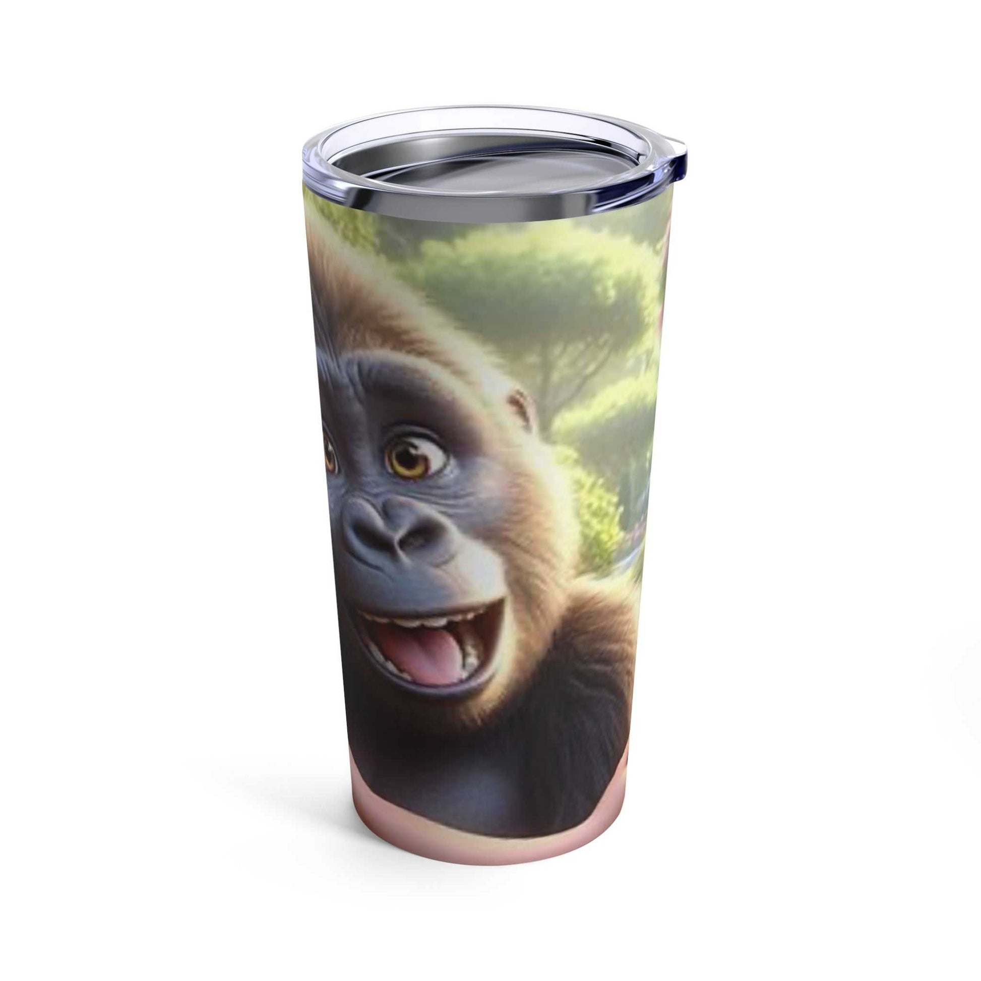 Stainless steel tumbler featuring an illustration of a little girl hugging a gorilla, with a glossy finish and clear lid.