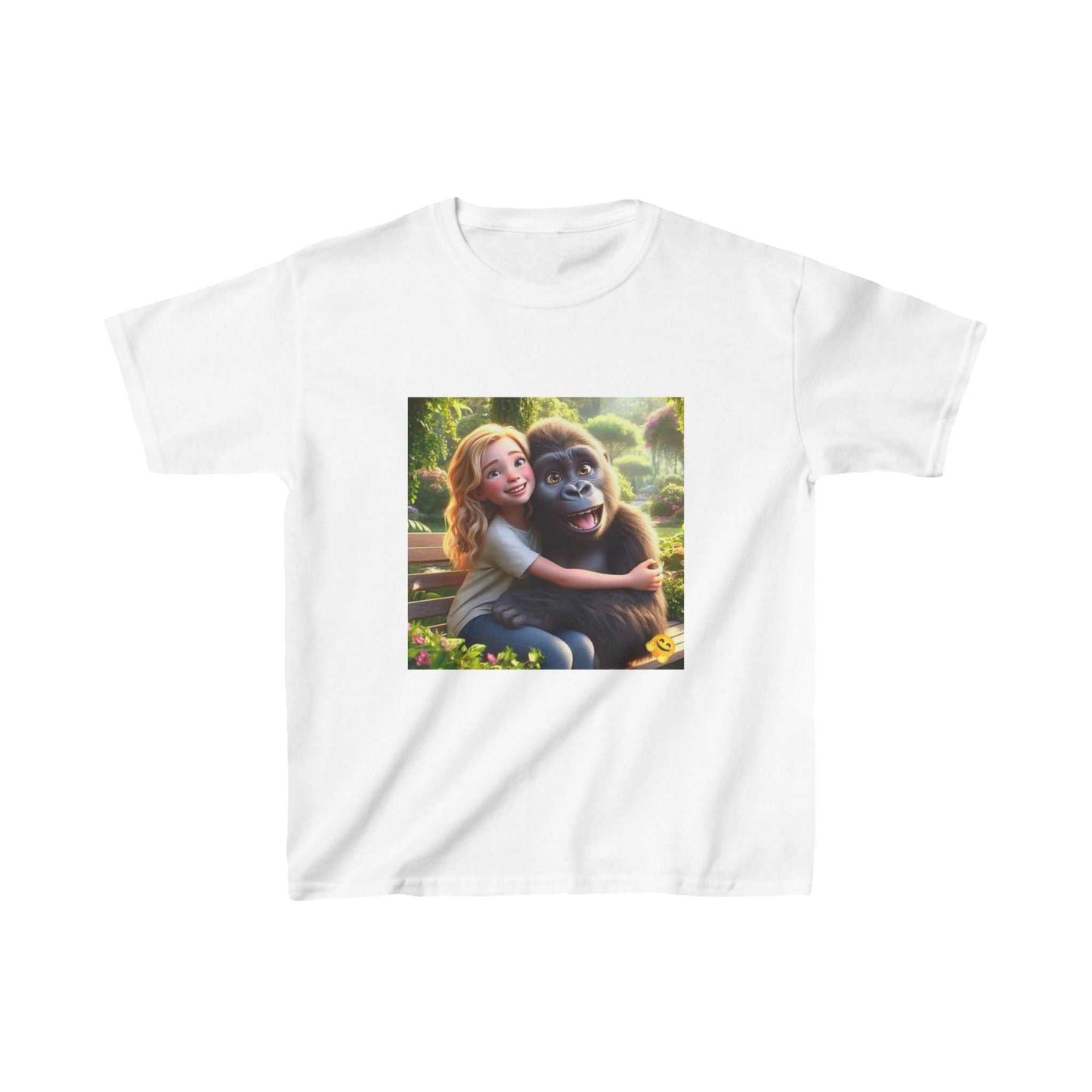 Child's T-shirt with girl hugging a gorilla design, perfect for animal-loving kids.