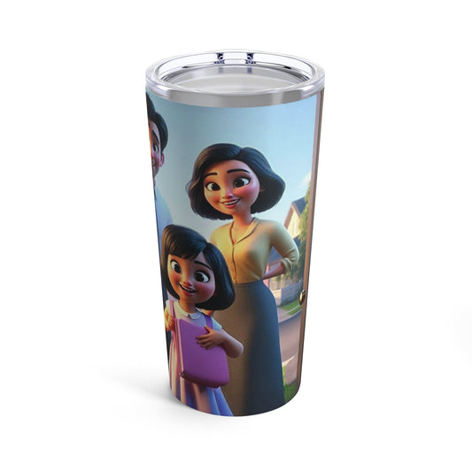 Tumbler featuring family in ministry design, 20oz capacity, stainless steel, durable, keeps drinks hot or cold.